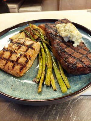 Salmon and NY strip