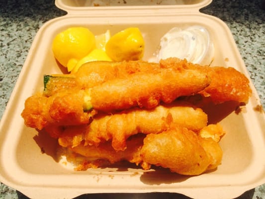 Fish and zucchini plate, yum! Served with lemon slices, ranch and tartar sauce.