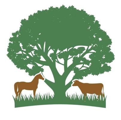 Logo, green tree with a brown horse and cow under it