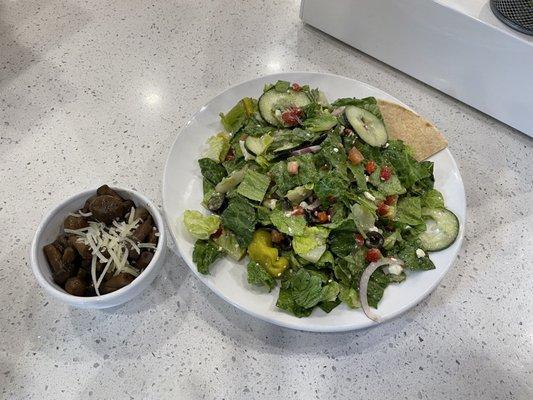 Dr. Greek Salad & Parmesan "crusted" (more like sprinkled) button mushrooms.