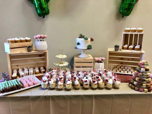 Our baby shower dessert table. Center is the "naked cake" from Safeway bakery.