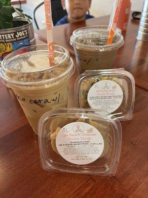 Caconut caramello coffee, cookie dough in peach cobbler & birthday bash & coconut mocha coffee