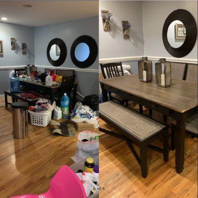 Before and after photo of a customer's dining room.