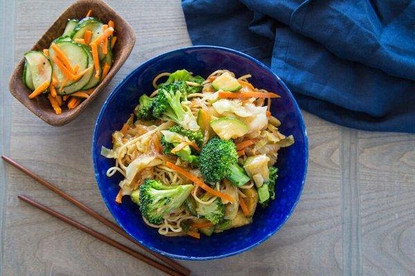 Veggie Chow Mein and Cucumber Salad