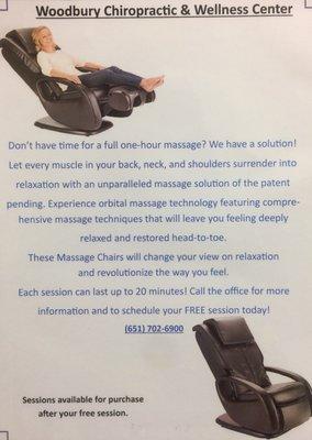 Come and try our NEW massage chairs! First session FREE!