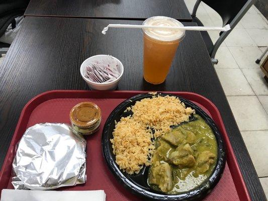 Pork ribs in green sauce with nopales and a fresh  watermelon juice