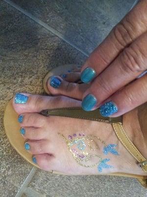 Shellac Manicure With Glitter Accent.  Glitter Pedicure Polish and Temp. Tattoo