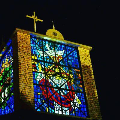 Stained glass atop St Frances Cabrini Church in Granbury, TX