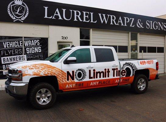 Full print wrap for No Limit Tire we printed and installed.