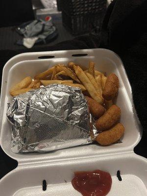 Burger with fries & hush puppies