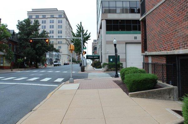 Sidewalk view of the main entrance.