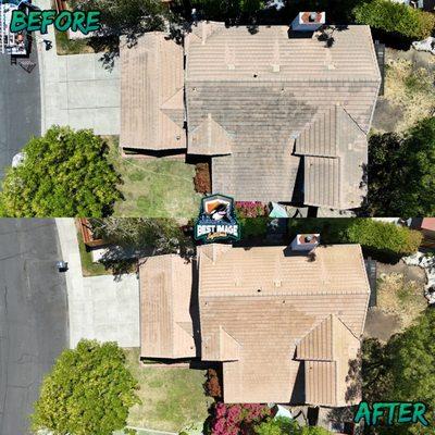 Before and after picture of algae removal from different perspectives.