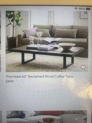 Pottery Barn 60" Thorndale Coffee Table