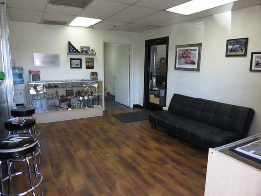 Customer waiting area and front desk (to the left).