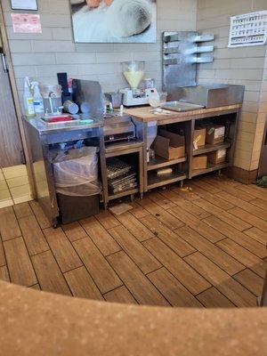 Disgusting floor, counters behind counter