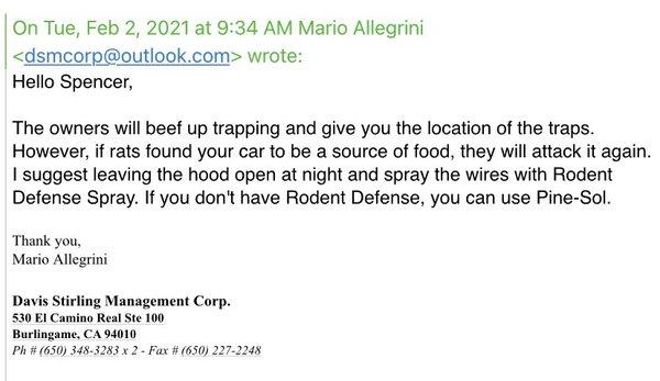 Email correspondence with Mario Allegrini in regards to the rodent issue on the property.