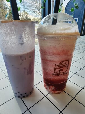 Taro milk tea and strawberry cheesecake