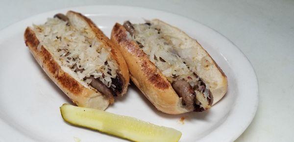 Bratwurst double.  Thumanns brats with brown mustard and grilled sauerkraut.