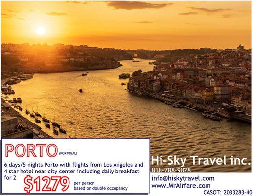 Porto (Portugal): 6 days/5 nights including flights from LAX and 5 nights 4-star hotel near center with breakfast $1279 pp based on dbl.