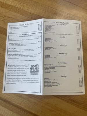 Breakfast menu and bread menu