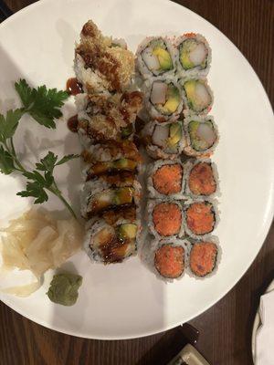 shrimp tempura, spicy tuna, california roll