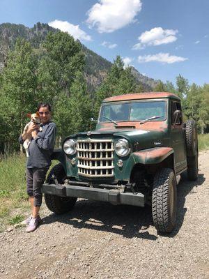 Daughter next to our Rockworx Jeep pickup -1950 body on new frame and drivetrain.