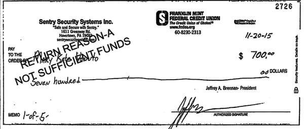 Here is the check Jeffrey Brennan bounced.  It was written right in front of Judge Elisa C. Lacianca in court in Havertown.