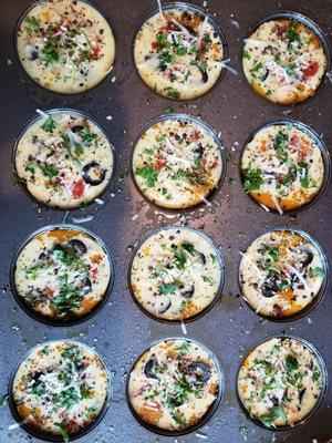 Pre-baked pizza frittata muffins.