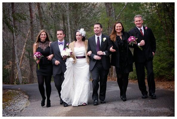 Bridal party enjoying their photo session at Bluff Mountain Inn