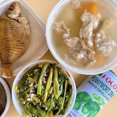 Fried Fish, Pork Soup with Carrot & Potato, and Stir-Fried Morning Glory with Ground Pork