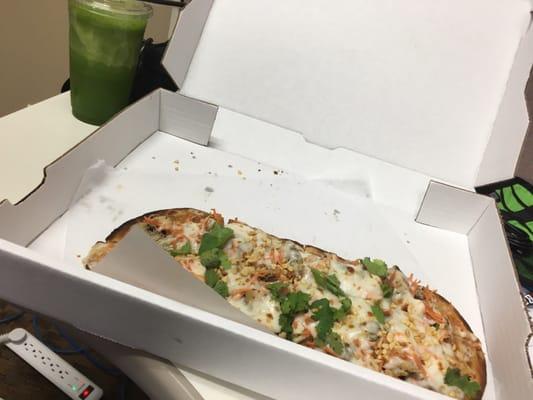 Thai chicken flatbread and green juice to go thanks to UberEATS