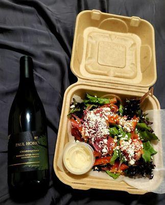 Takeout salad, my own wine