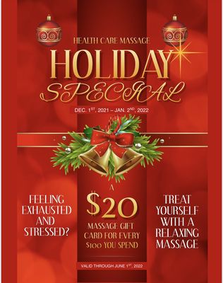 Don't miss the Health Care Massage holiday specials! A $20 massage gift card for every $100 you spend.