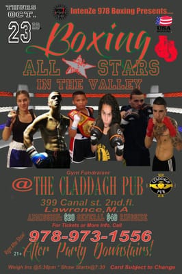 #BoxingAllStarsInTheValley Thursday October 23rd @The claddagh Pub on 399 Canal st. for Tickets or Info. Please Call 978-973-155