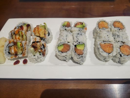 Shrimp Tempura, Shrimp Avocado and Spicy Salmon Rolls