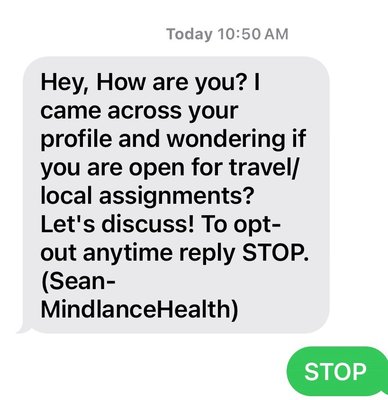 Mindlance 1 of 8 text messages received today.