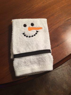 Snowman hand towel for bathroom. I can add felt removable boots.