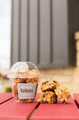 MOKA Bites - peanut butter, chocolate chips, raisins, puffed Kashi cereal, puffed millet, wheat, oatmeal and honey.