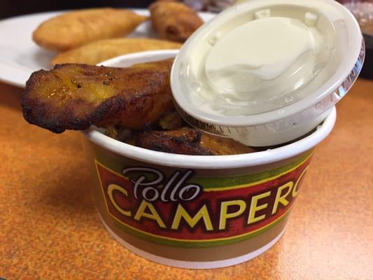 Fried plantains with a side of sour cream. The plantains were amazing on their own.