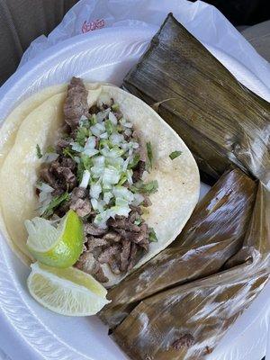 Carne Asada Taco, Pork Tamale, Chicken Tamale