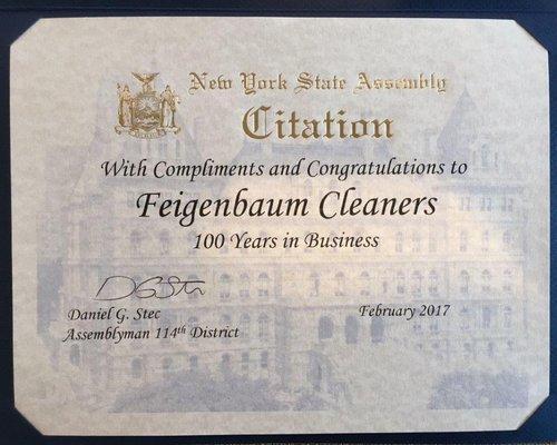 Feigenbaum's is recognized on our 100th Anniversary by the New York State Assembly.