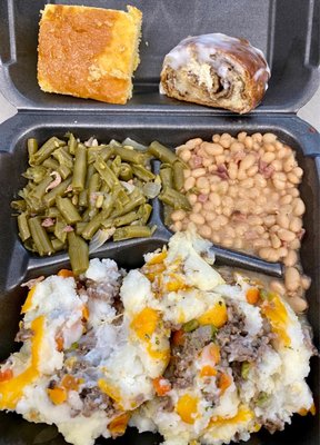 Deli Lunch: Shepherd's Pie with White Beans, Green Beans, Cornbread, and a slice of King Cake!