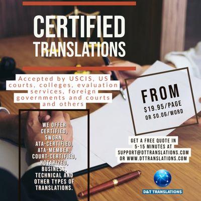 Certified and business translations at $19.95 per page or $0.06 per word.