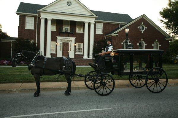 Horse drawn hearse outside of our downtown location