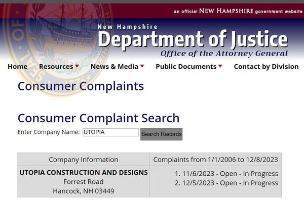 NH Attorney General Office consumer complaints against Utopia Construction and Design