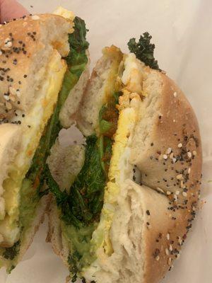 the Hipster - egg, kale, sriracha - on an everything bagel