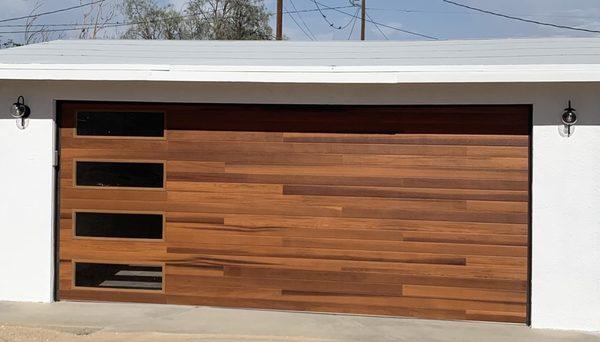 Cedar plank garage door side lites