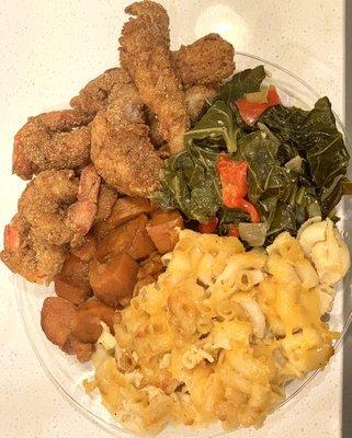 Golden Fried Shrimp, Catfish, Collard Greens with Bell Peppers, Macaroni and Cheese, Candied Sweet Potatoes