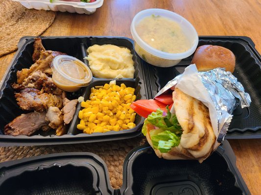 Pork platter with mashed potatoes and corn.  Pulled Chicken Pita with mustard sauce.