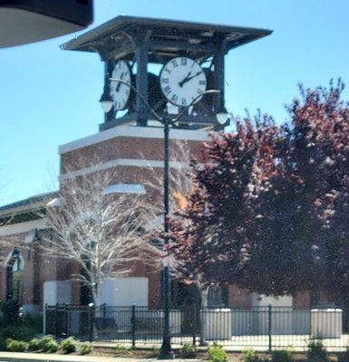 A photo of the clock tower can be seen when leaving the parking lot of the Hope Chest in Manteca.